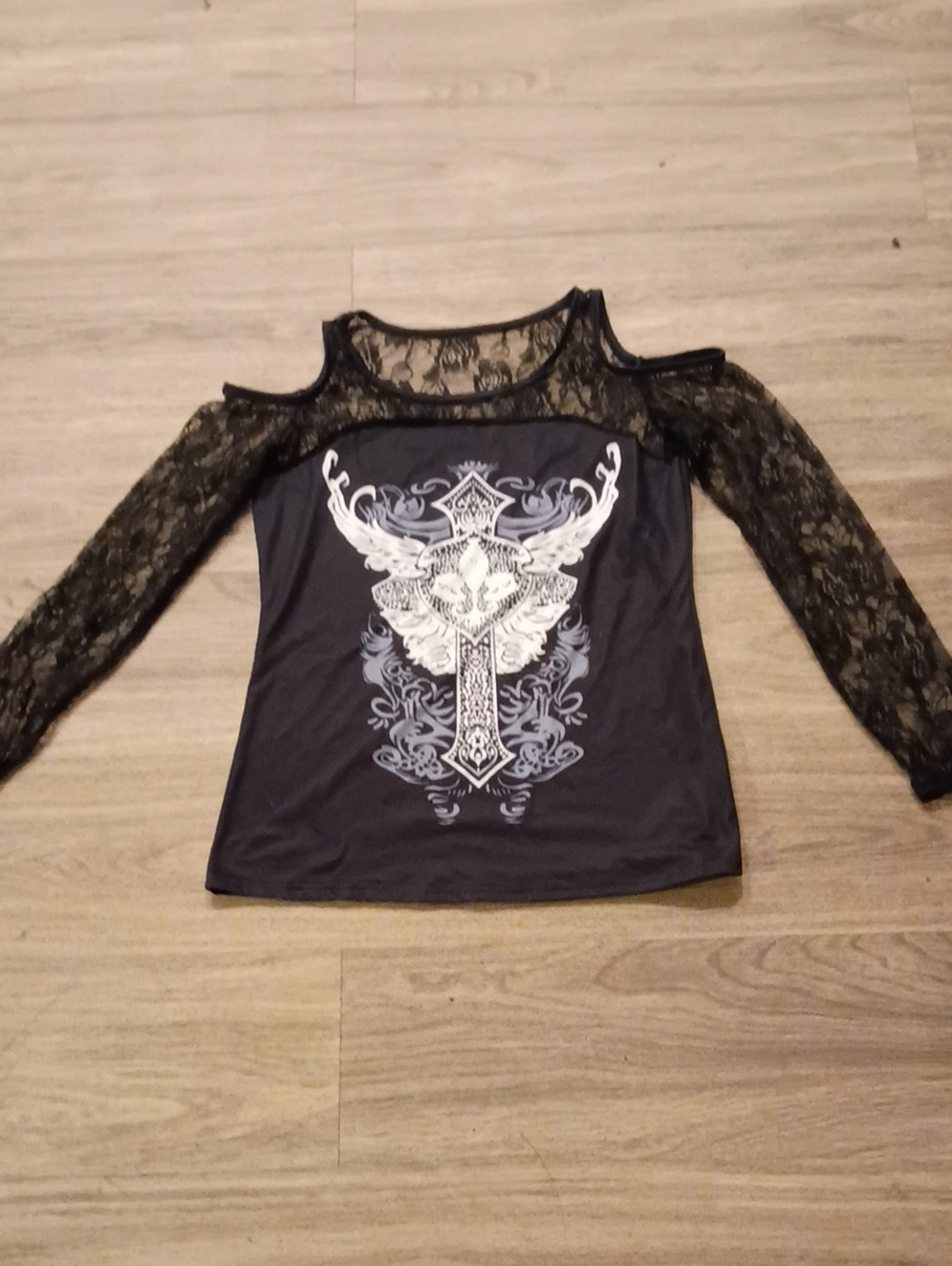 Black Lace Cold-Shoulder Graphic Top
